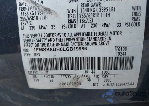 2020 Ford Explorer Xlt z USA, uszkodzony, nr VIN 1FMSK8DH6LGB19986